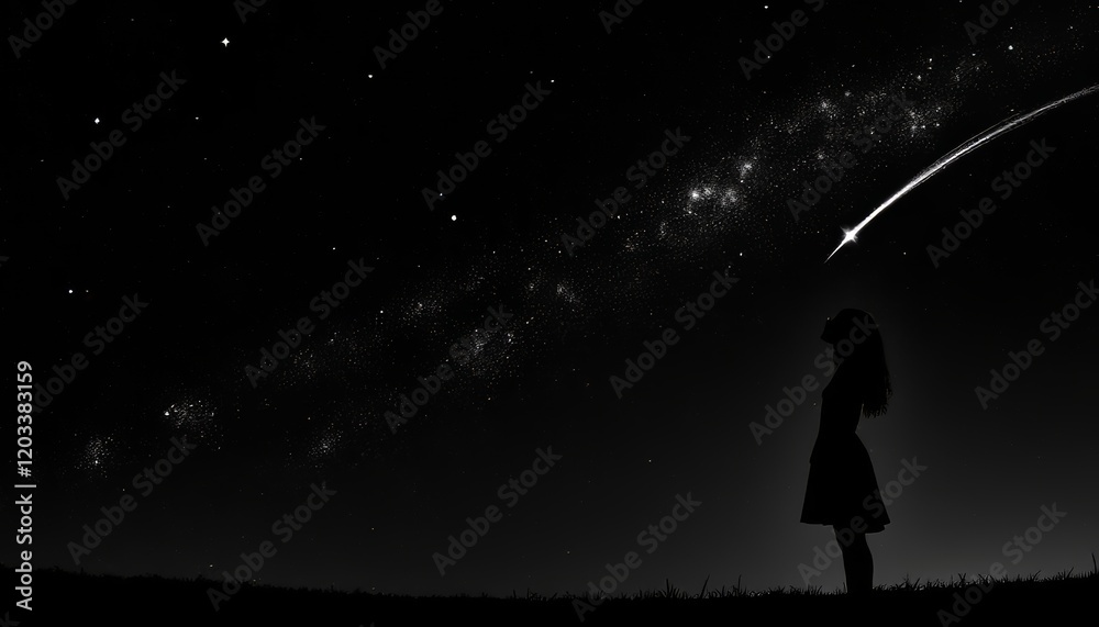 Fototapeta premium Silhouette of a girl gazing at a shooting star in a starry night sky.