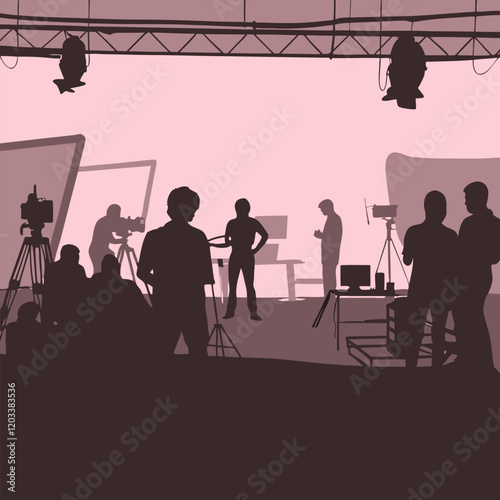 Filming process in the studio concept image. Content creating. Flat style. Vector illustration