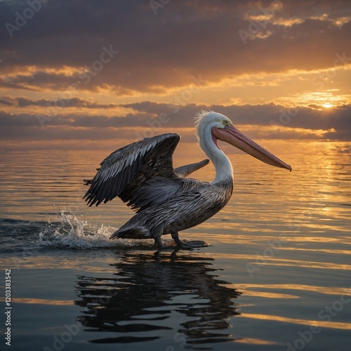 A pelican gliding over a calm bay during a dramatic sunset.