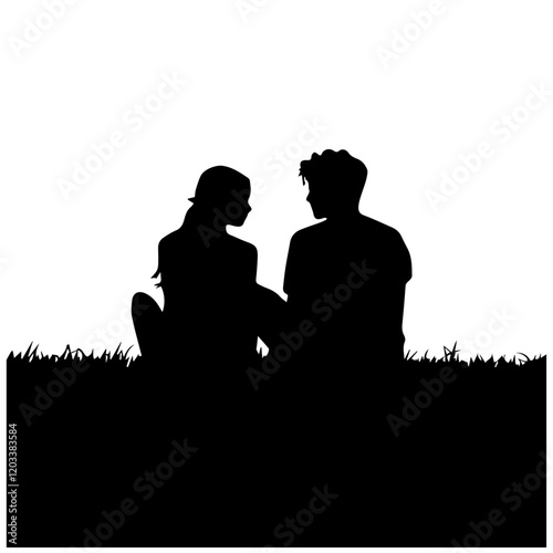 Loving Couple Facing Each Other in a Grassy Meadow Vector on a White Background