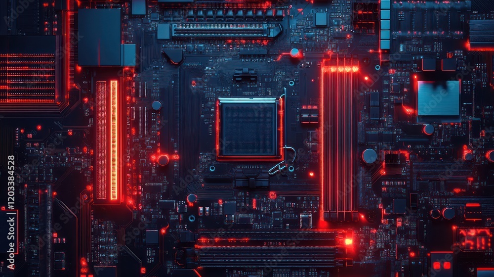 Glowing Red Motherboard: A Close-Up View of Advanced Computer Technology Glowing Red Motherboard: A Close-Up View of Advanced Computer Technology