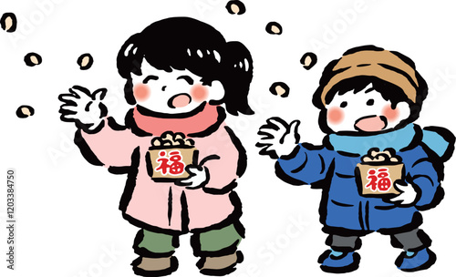 豆まきをする子どもたち　筆タッチ手描きイラスト