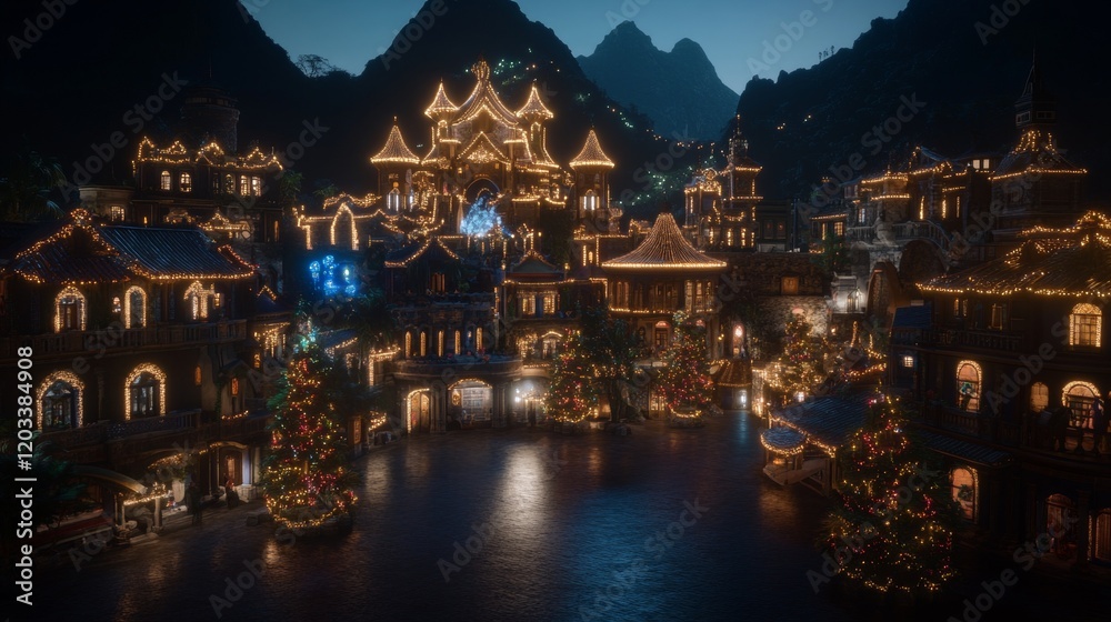 Fototapeta premium Festive Nighttime Village Illuminated With Christmas Lights