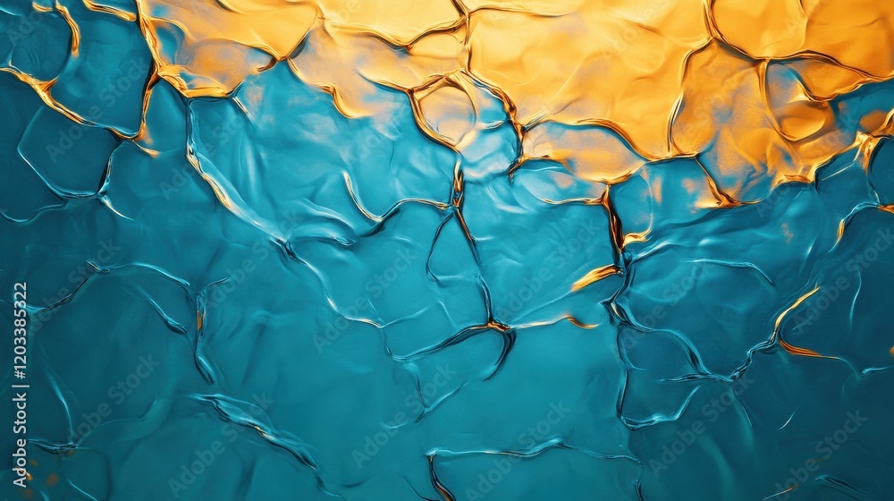 Fototapeta premium Abstract blue and gold liquid texture with flowing shapes and glossy metallic effect