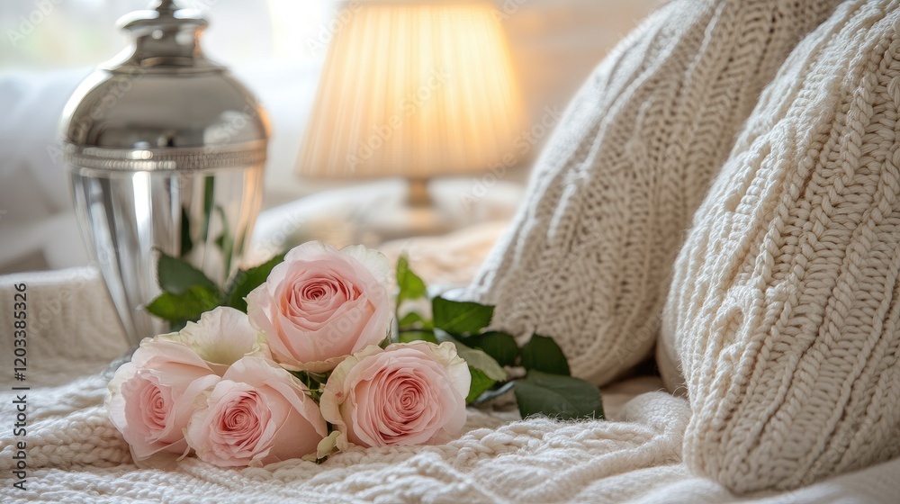 A close-up of pink roses on a crochet cardigan, with white pillows and a silver lamp creating a warm, romantic vibe. A close-up of pink roses on a crochet cardigan, with white pillows and a silver lamp creating a warm, romantic vibe.