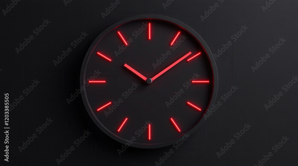 Minimalist black clock with glowing red hour markers and hands on a dark background Minimalist black clock with glowing red hour markers and hands on a dark background