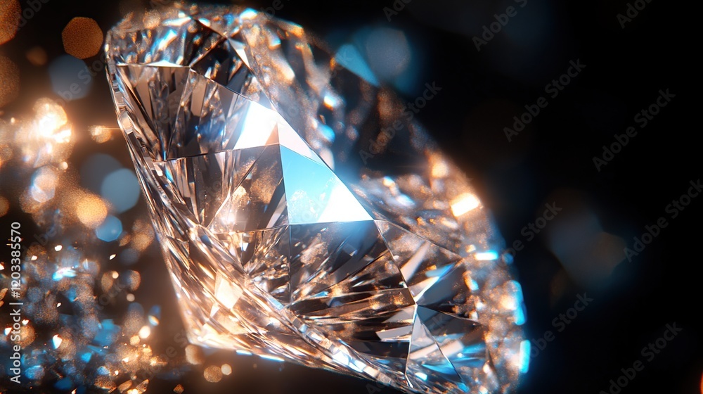 Shiny Diamond on Black Background with Brilliant Reflections