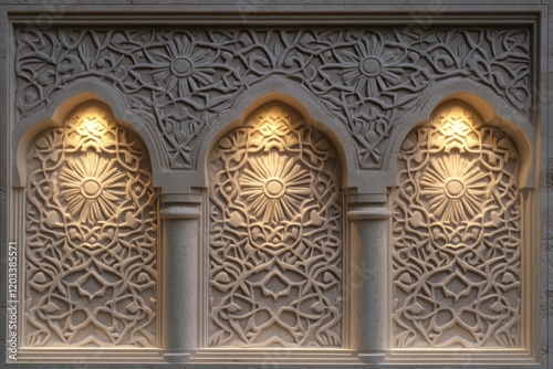 Intricate Architectural Details of Ornate Stone Carvings with Decorative Patterns and Soft Lighting, Highlighting Unique Middle Eastern Design Elements for Stunning Visual Appeal