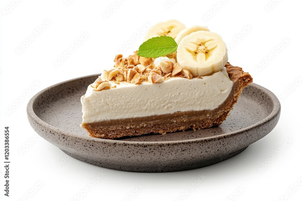 Creamy banana dessert slice topped with fresh banana slices and mint leaves on a rustic plate, ideal for food photography and culinary presentations Creamy banana dessert slice topped with fresh banana slices and mint leaves on a rustic plate, ideal for food photography and culinary presentations