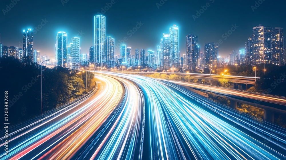 Fototapeta premium Futuristic City Nightscape Highway Lights Trails