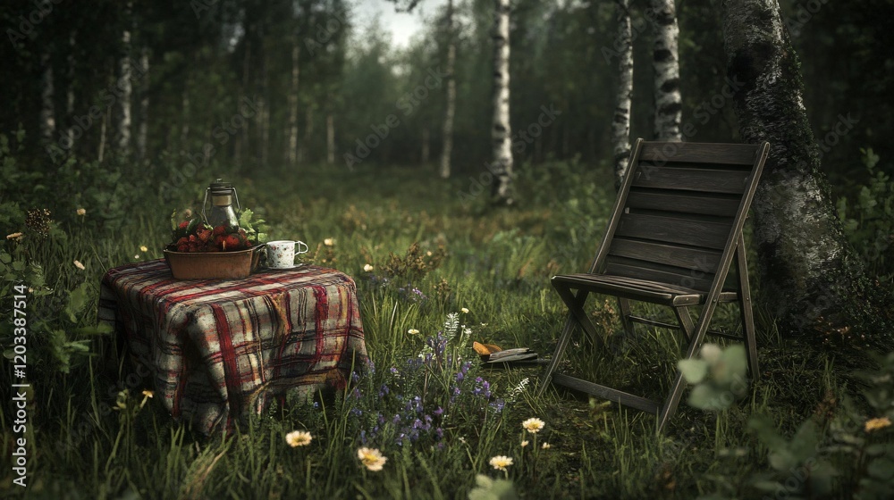 Serene Forest Picnic, Table, Chair, Berries, and Mug in Birch Woods Serene Forest Picnic, Table, Chair, Berries, and Mug in Birch Woods