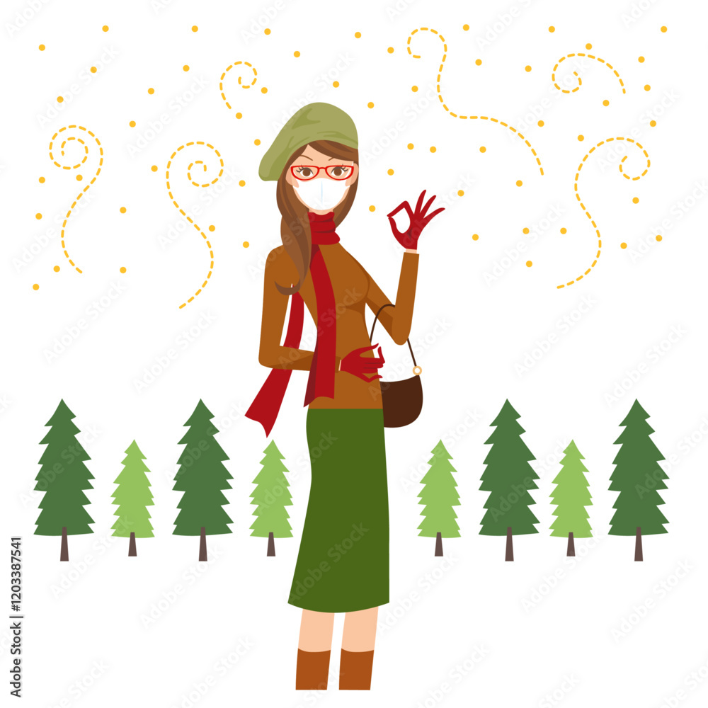 たくさんの杉の木に囲まれ花粉が舞っている様子と予防対策している女性 たくさんの杉の木に囲まれ花粉が舞っている様子と予防対策している女性