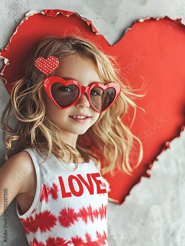 Cheerful Young Girl Behind Vibrant Red Heart-Shaped Paper Cutout with Playful Valentine's Day Look