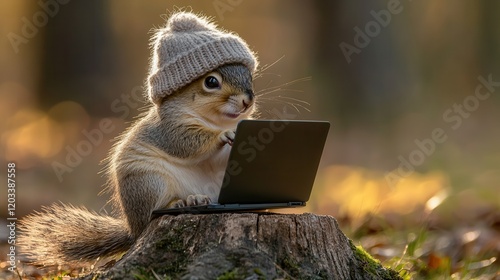 Chubby Baby Squirrel Typing on Laptop Forest Clearing Wildlife Photography Autumn Setting Close-Up View Adorable Concept