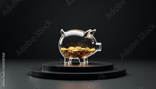 Transparent piggy bank filled with coins on a dark background.