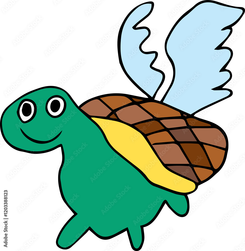 Obraz premium smiling funny green turtle with wings on brown shell looking at camera