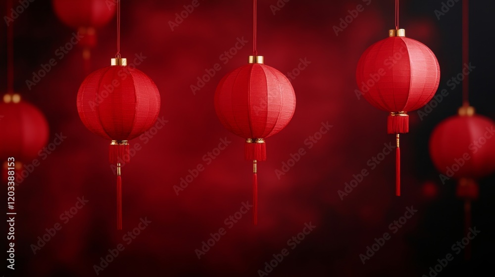 Festive Red Lanterns Hanging Against Dark Red Background Festive Red Lanterns Hanging Against Dark Red Background