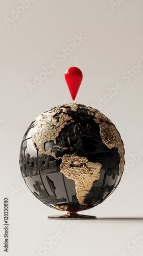 Obraz na płótnie Elegant Black and Gold Globe with Red Locator Pin Global Travel Location Destination Concept w salonie