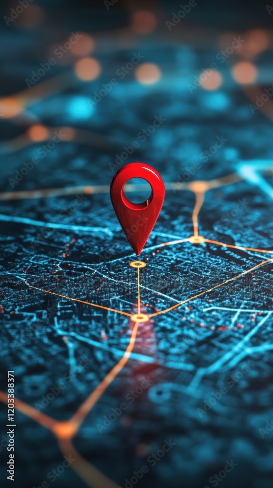 Red 3D Pin Location Marker on Glowing Digital Map GPS Navigation Concept Red 3D Pin Location Marker on Glowing Digital Map GPS Navigation Concept