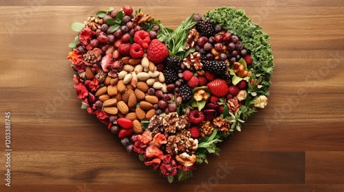 A heart made of healthy snacks like almonds, seeds, berries, and greens displayed on a wooden background.