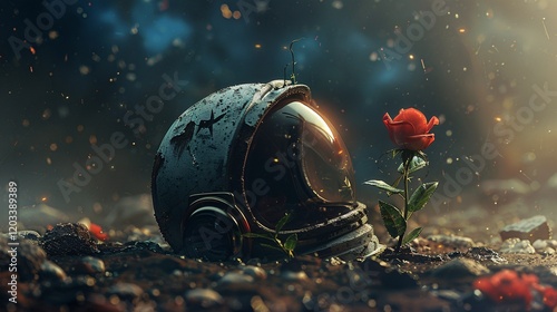 An astronaut helmet, broken and abandoned, with a rose sprouting from it, set against a detailed galaxy and nebula background, 8k octane render with volumetric lighting