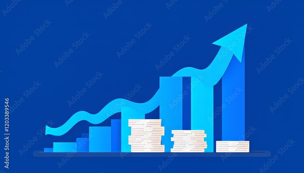 Fototapeta premium Illustration of a rising financial graph with stacks of coins and a blue background.