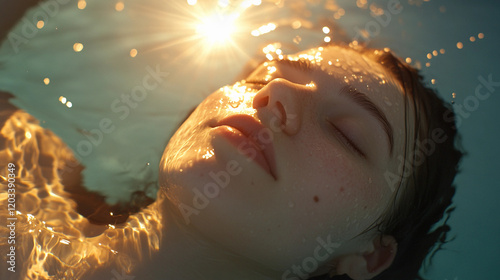 Woman relaxing in calm water with sunlight reflecting on her peaceful expression during a serene moment