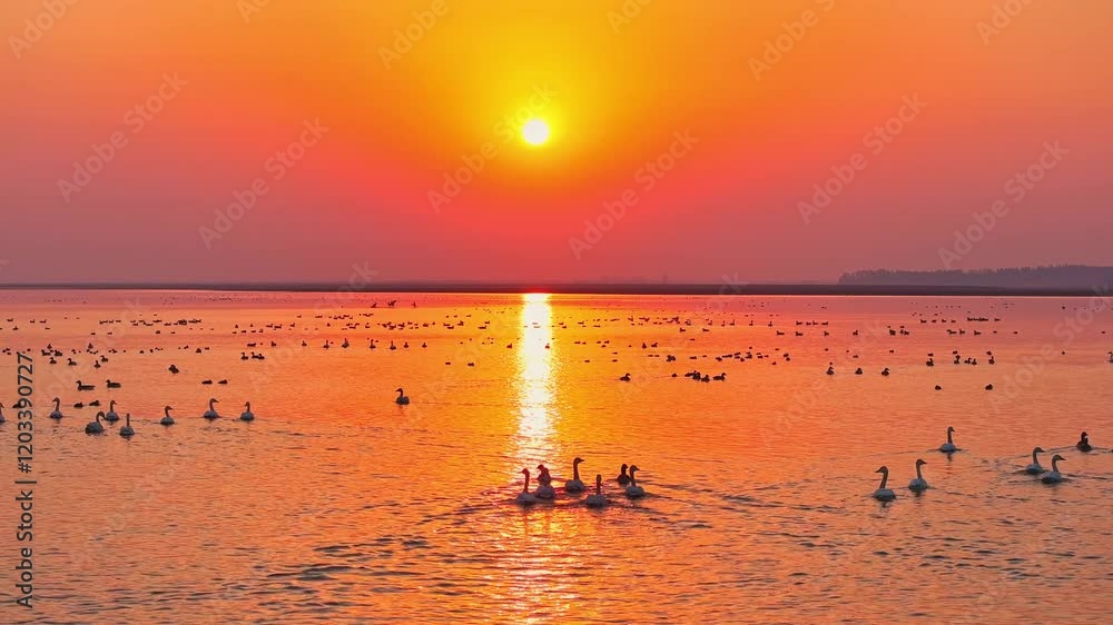A flock of migratory birds, sunset, egrets