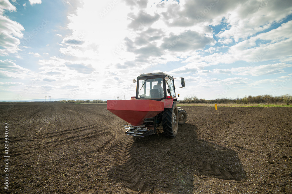 Obraz premium Tractor spreading artificial fertilizers