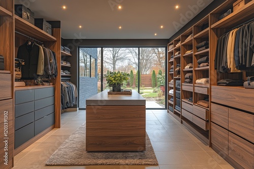 Modern walk-in closet with central island and high fidelity design contemporary home interior space organized environment stylish viewpoint