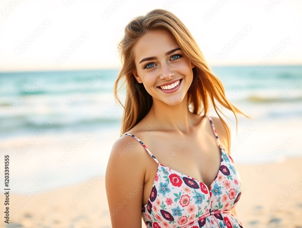 Young woman enjoying a sunny day at the beach, wearing a colorful floral dress Young woman enjoying a sunny day at the beach, wearing a colorful floral dress