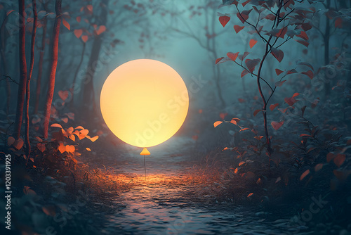 Glowing Orb in a Mystical Forest Path. A surreal digital illustration of an enchanted forest with a large glowing sphere at the end of a path. The ima photo