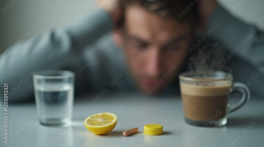 Tired Man in the Background Holding His Head, with a Glass of Water, Lemon Half, and Pills on Wooden Surface in the Foreground, Soft Natural Lighting, Scene Depicting Fatigue and Discomfort Tired Man in the Background Holding His Head, with a Glass of Water, Lemon Half, and Pills on Wooden Surface in the Foreground, Soft Natural Lighting, Scene Depicting Fatigue and Discomfort