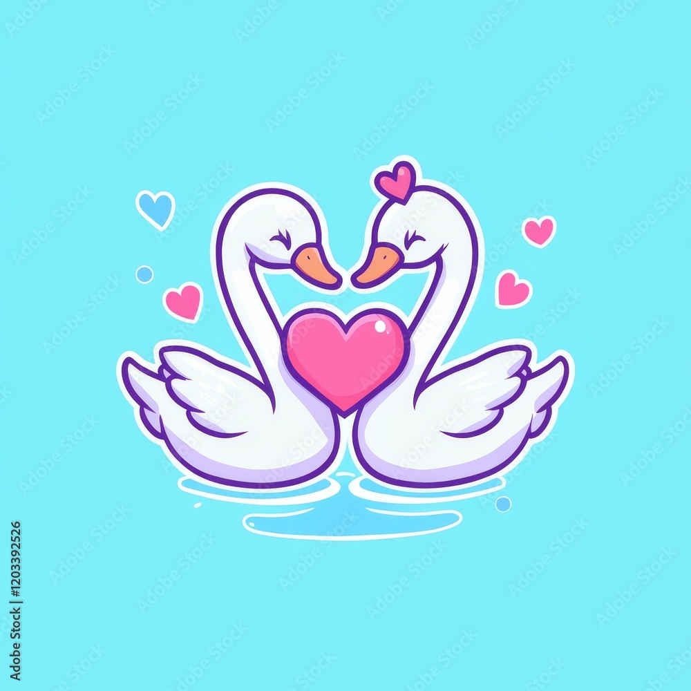 Two cute swans forming a heart, surrounded by smaller hearts, set against a bright blue background. Two cute swans forming a heart, surrounded by smaller hearts, set against a bright blue background.