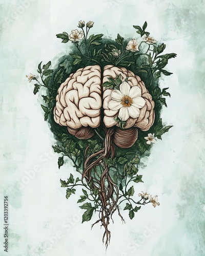 Entrepreneurship and Innovation and Emotional Intelligence and Personal Growth Artistic representation of a brain with nature.