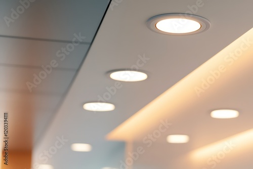 Recessed lighting with subtle warm tones, seamlessly integrated into a modern ceiling design