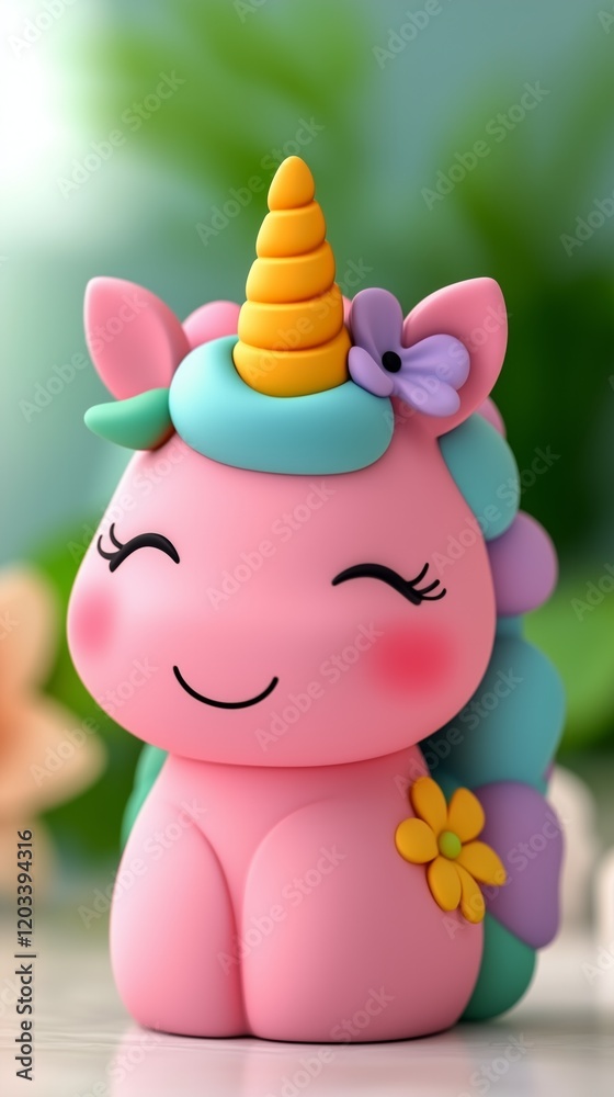 Fototapeta premium Cute pink unicorn toy with a flower accessory, set against a blurred green background.