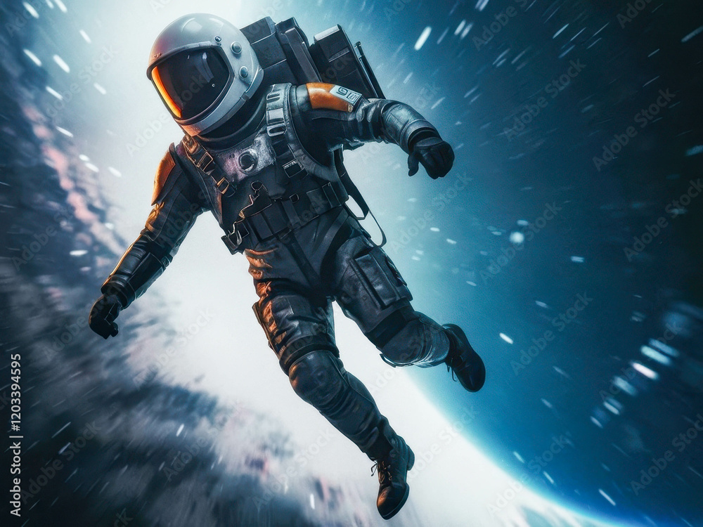 Fototapeta premium An astronaut in a modern spacesuit floating in zero gravity in outer space. Surrounded by stars and abstract cosmic swirls.