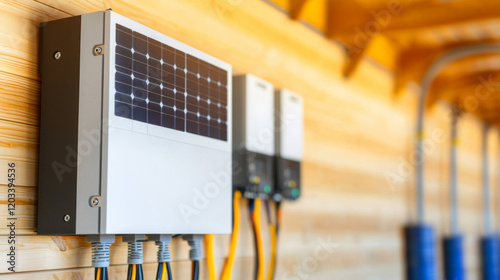 Solar inverter and battery backup system mounted on wooden wall