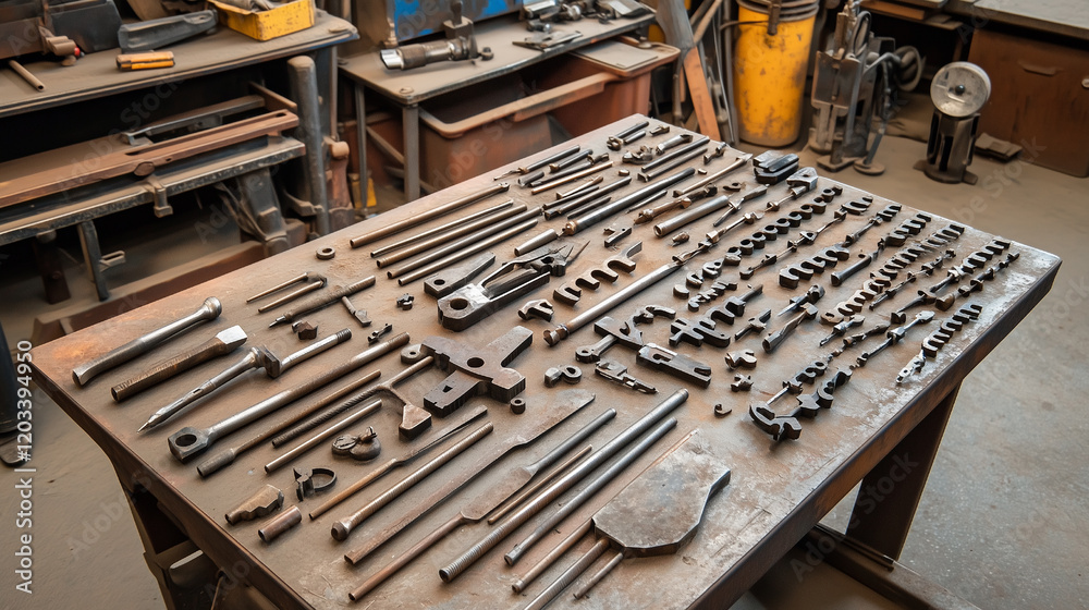 Fototapeta premium Various metalworking tools arranged on a workbench in a workshop.