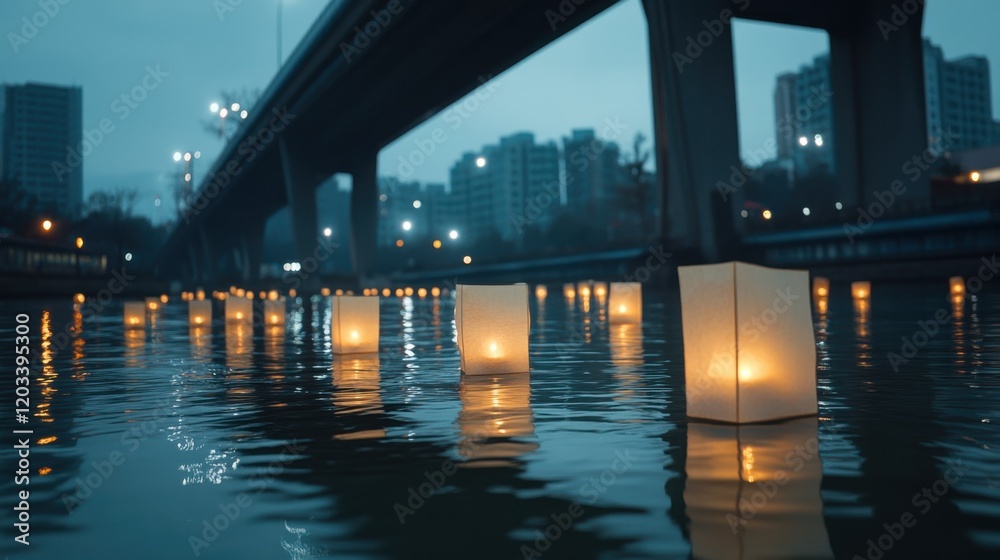 Fototapeta premium Tranquil Water Scene with Floating Lanterns Under Urban Bridge