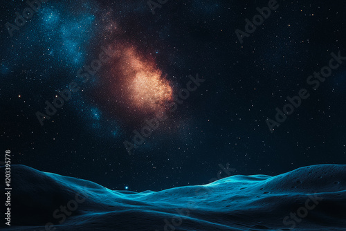 Lunar Surface with Starry Sky and Bright Nebula. Al Generated