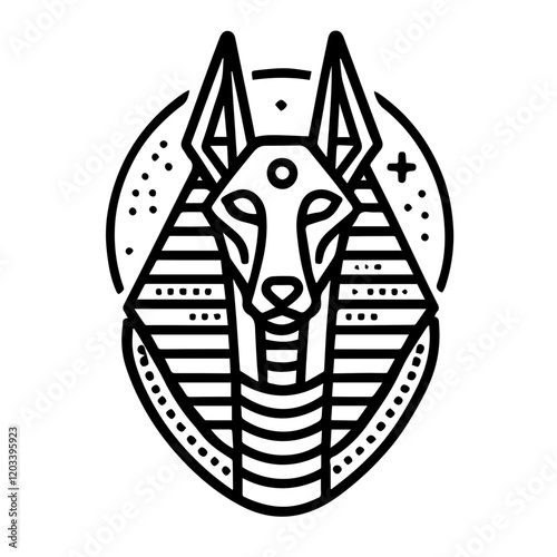 Anubis Geometric Line Art:  A stylized, geometric line drawing of Anubis, the ancient Egyptian jackal-headed god, framed within a circular design featuring pyramids and stars. The minimalist.