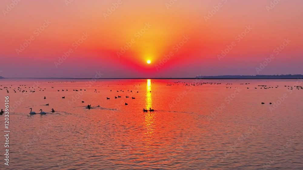 A flock of migratory birds, sunset, egrets