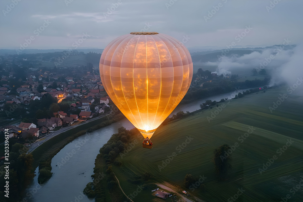 Obraz premium Glowing Hot Air Balloon Soaring Over Rural Landscape at Dawn