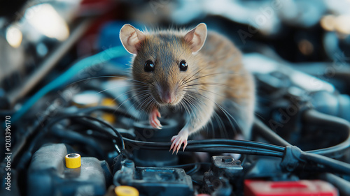 Rat gnawing on car wiring inside an engine bay. photo