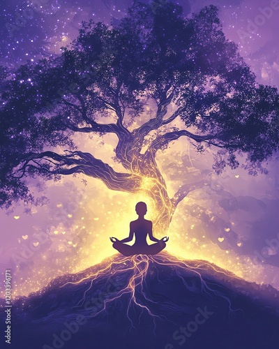 evoking mindfulness with a harmony of nature and neural patterns Meditative person under a glowing tree.