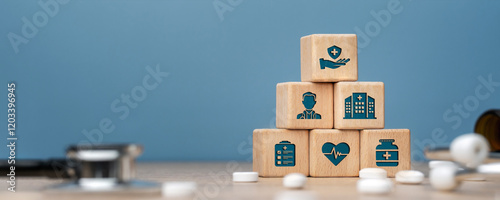 Health care and Health insurance concept. Benefits of health insurance, medical expenses, providing financial security. hand arranging wood block, health insurance icon  on wood block.