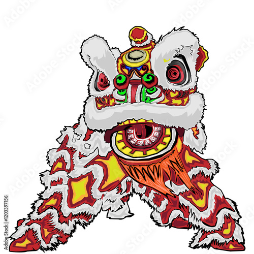 chinese lion dance in red and yellow illustration vector art for graphics assets
