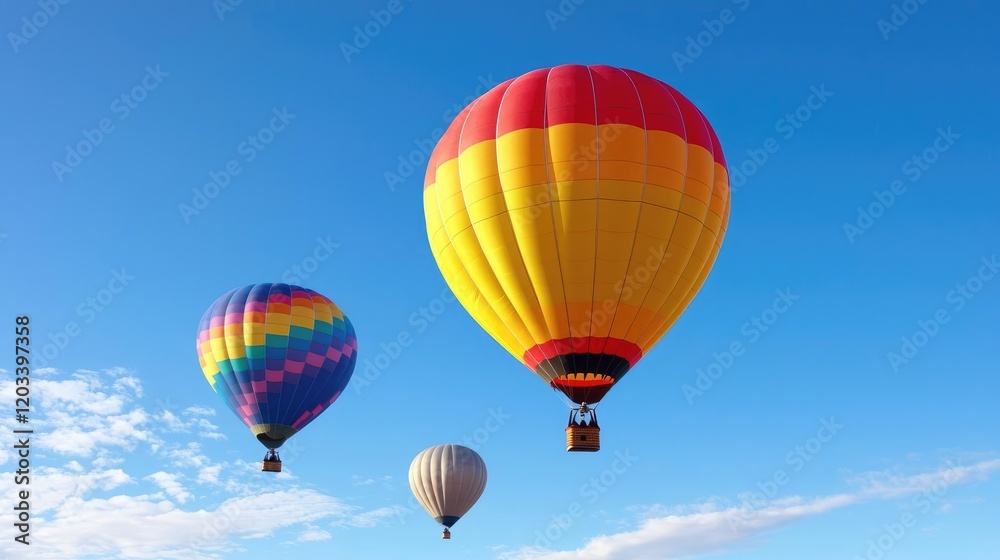 Fototapeta premium Colorful hot air balloons soar against a clear blue sky. Ideal for travel, adventure brochures